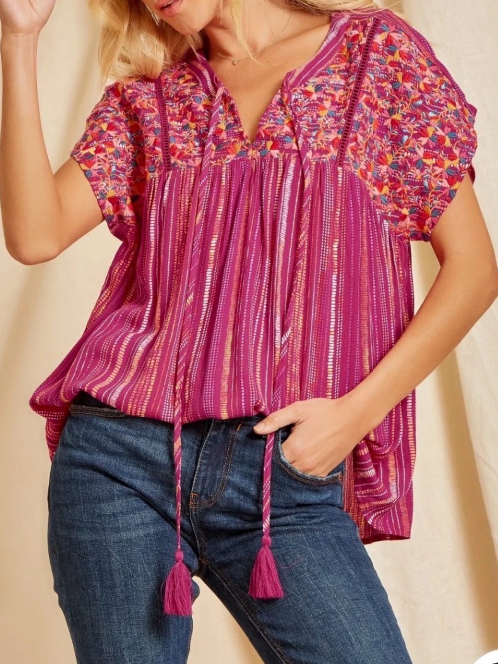 Savanna Jane 1X Embroidered Boho Peasant Top Tassel Tie Pink